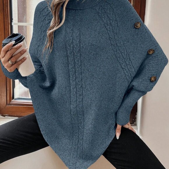 Blue Casual Women's Turtleneck Batwing Sleeve Button Detail Poncho Sweater top - Picture 6 of 7